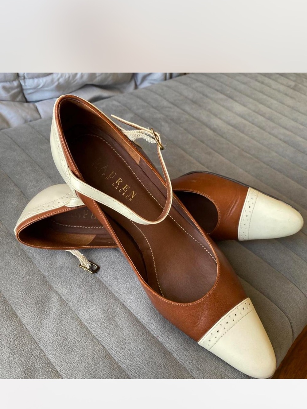 Lauren Ralph Lauren Belinda Leather Spectator Pumps Brown Cream 7.5B